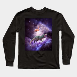 Galaxy Flamingo Riding Dinosaur In Space - Rainbow Long Sleeve T-Shirt